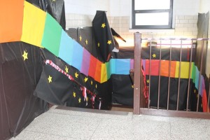 Borrowing from Super Mario Kart, this Rainbow Road-themed stairwell welcomed visitors to their hallway.  