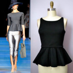 Peplum in pictures: a fitted top with a bell-shaped bottom that flairs out.