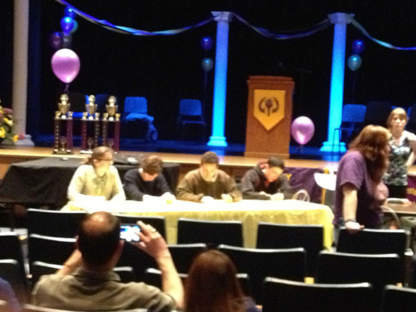 Competing in the state Certamen tournament, Glen Rock High School students attempt to make their mark at Gateway Regional High School.  