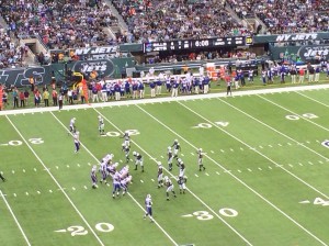 The Jets line-up on defense before a play.  