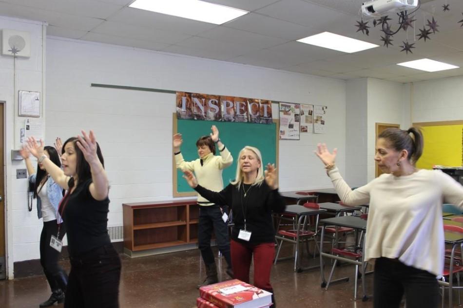 Sophomore class officer, Juliana Roddy, practices Zumba with faculty members: Ms. Lesley Breuer, Ms. Rochelle Forstot, Ms. Kirsys Guevarez, and Ms. Marisa Davitt.  The Zumba dance was choreographed by Ms. Breuer.  