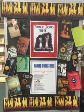 Banned books week poster in the Glen Rocks Middle/High School Media Center