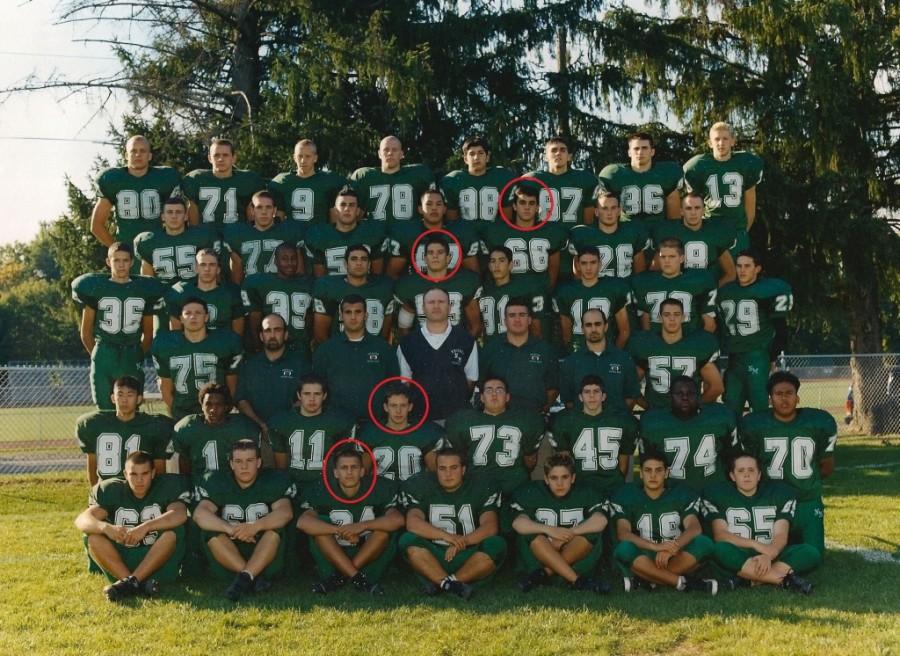 In this photo of their sophomore team at New Milford High School, Mr. McCarten (top center) and Mr. Crispino (top right) pose with their childhood teammates -- and now rival coaches -- on the bottom rows.  