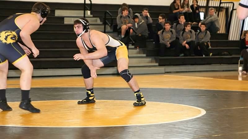 Jeremy Lipsky (16) wrestling in a match at River Dell High School for the Saddle Brook Glen Rock co-op team. 