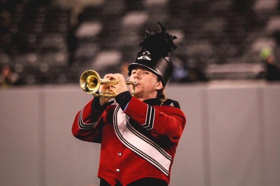 Senior trumpet player Dan McAuley shows off his skills at MetLife stadium.