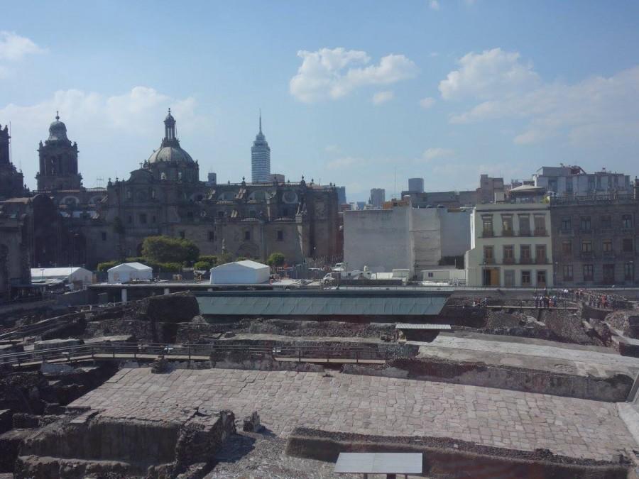 A view of the National Cathedral and Latin-American Tower from Templo Mayor. Templo Mayor is the ruins of an ancient Aztec temple and is one of the Citys biggest tourist attractions.  