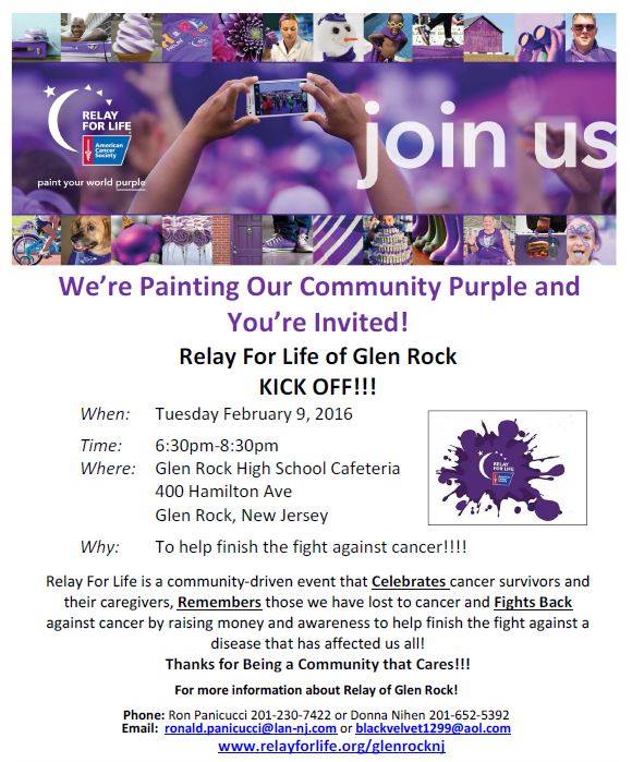 Kick-off will be held Tuesday, Feb 9 from
6:30PM-8:30PM in the Glen Rock High School cafeteria
