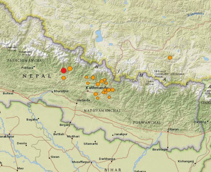 A USGS map of the April Earthquake. The fist quake is in red and after shocks in orange.