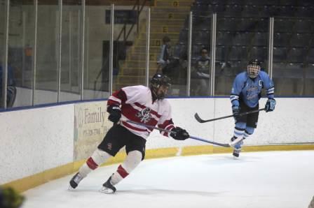 Jake Kinney skating in the first period of last weeks 5-1 win over Mahwah in the semi-finals. With three more points, he will surpass his older brothers record. 