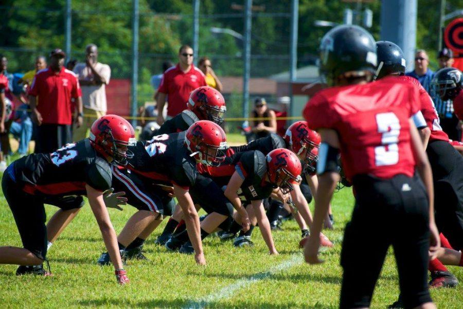 Michael Quinn, second from the left, sets in position on the line ready for the snap against Bergenfield in 2011.