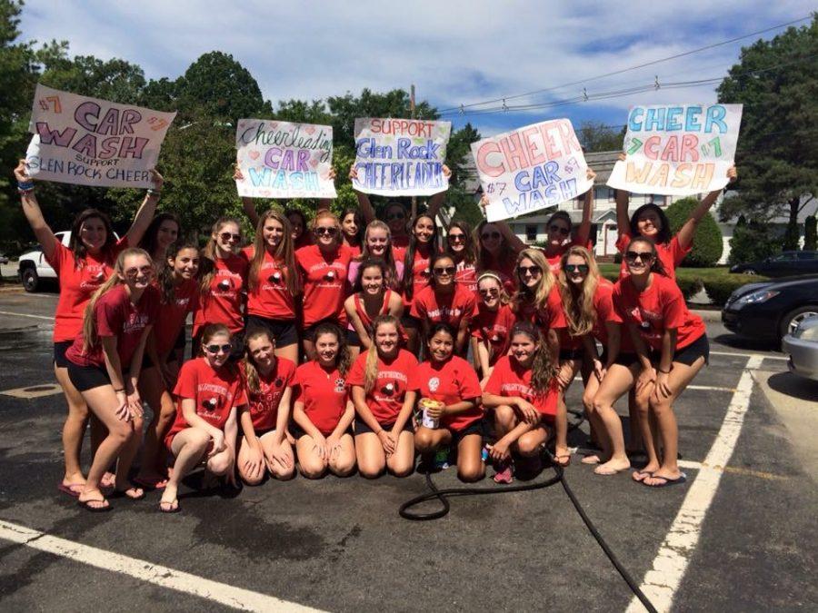 Glen Rock varsity and JV cheerleaders hosting a fundraising car wash at the Exton on Rock Road. This was the first fundraiser held before the team started cheering for the 2015-2016 fall season. 