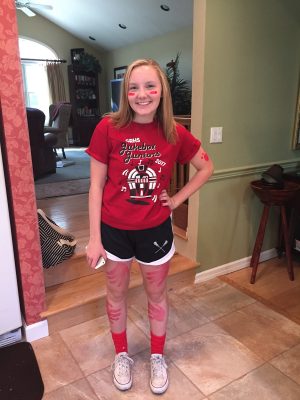 Sarah Harwick dressed for the pep rally at the GRHS. This was Sarah’s first homecoming pep rally with Glen Rock, after transferring from IHA in her junior year. Her grade’s color was red, and was categorized as the “Jukebox Juniors,” based on 1960’s teen culture.