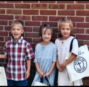 Riley, Mary Kate, and Bridget Horton on their first day of third grade at Academy of Our Lady. The triplets attended this school up until eighth grade 