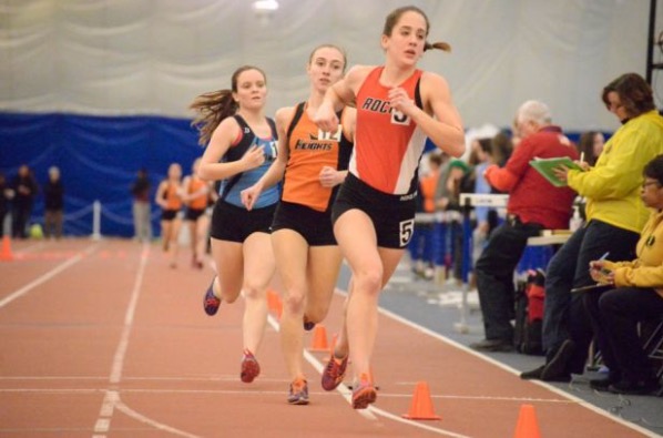 Burgoyne is ahead in the two mile during a winter track meet at the Bennett Center in Toms River, NJ. 