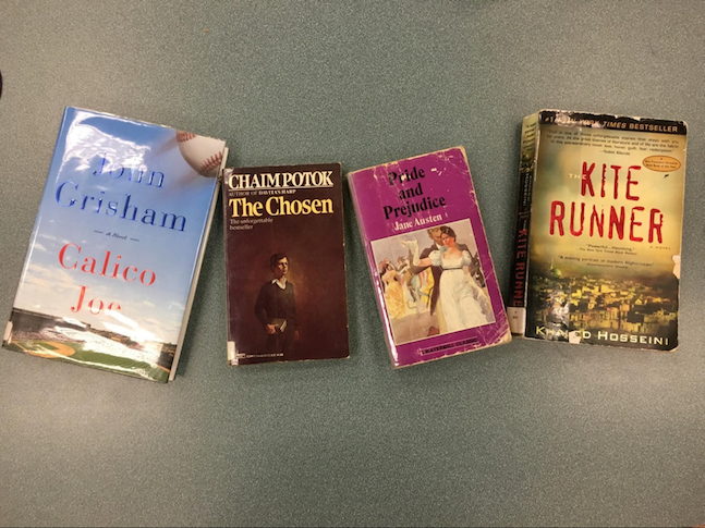 These are sample summer reading books from various grades. Calico Joe, by John Grisham is for incoming 9th graders, The Chosen, by Chaim Potok for the incoming 10th graders, Pride and Prejudice, by Jane Austen for the incoming 11th graders , and The Kite Runner, by Khaled Hosseini for incoming 12th graders. 
