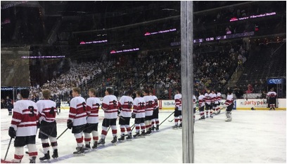 Glen Rock varsity hockey team lined up across the ice for the pledge of allegiance before hearing this would be Coach Sergio Fernandez’s last game with the team. 