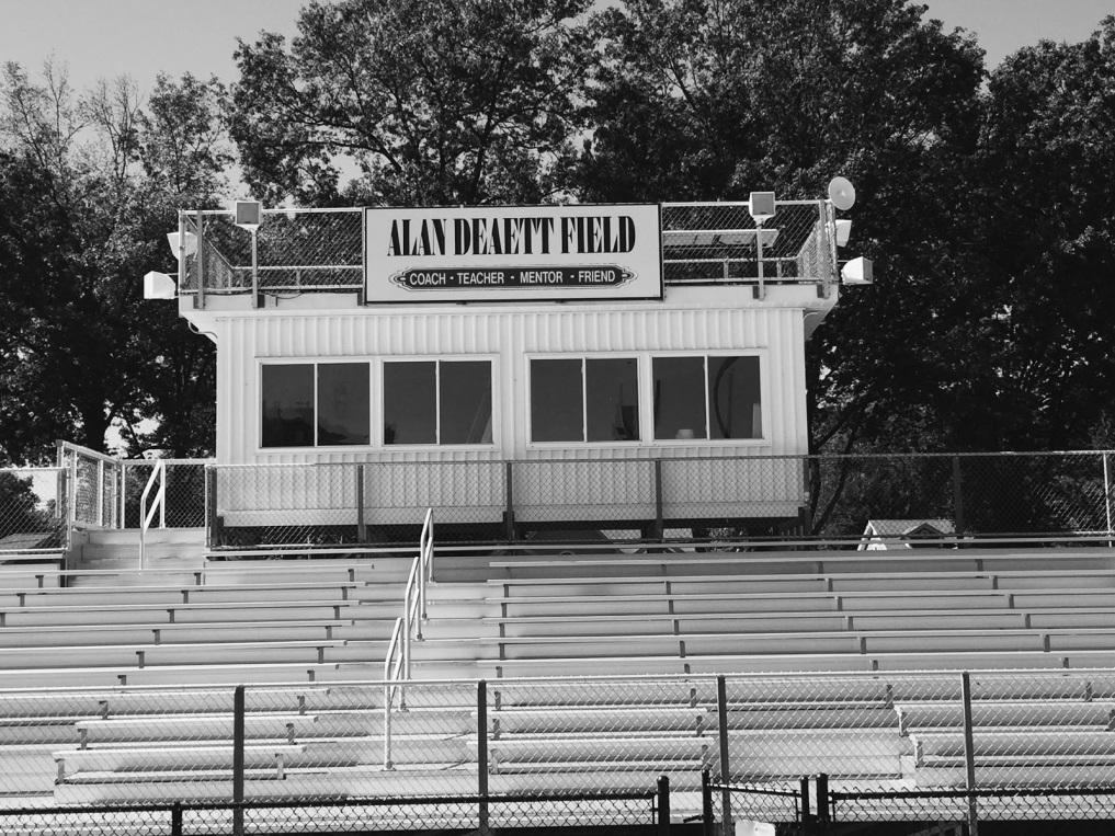 The press box at the Glen Rock High School stadium field named after Alan Deaett, a loved football coach.