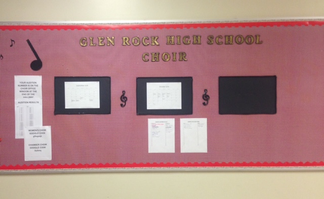 GRHS Choir bulletin board outside of D-110. Ms. Lilikas took it upon herself to completely redecorate the board before Back to School Night. 
