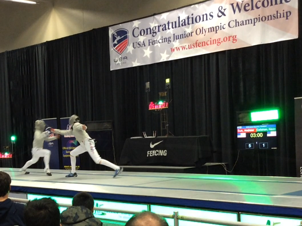 Fencing at the USA Fencing Junior Olympic Championship, junior Kevin Callahan competes against his opponent in hopes of a victory. Photo Credit: Donald Callahan