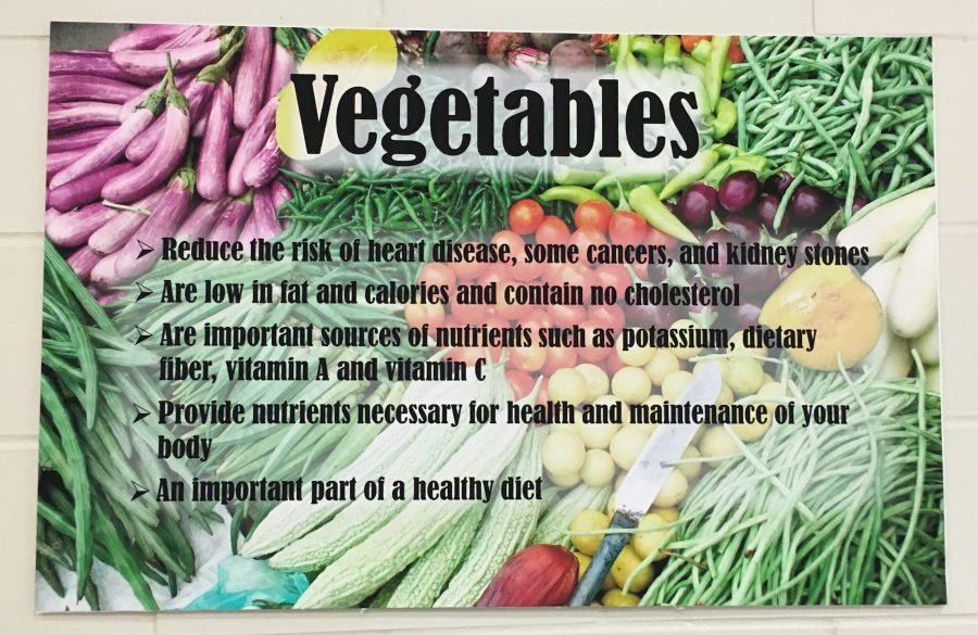 Posters hanging in the cafeteria stress the importance of adding vegetables to your every day diet. Similar posters advocate for other healthy foods to look out for like fruit, and subbing dark chocolate for other types of sweets. 