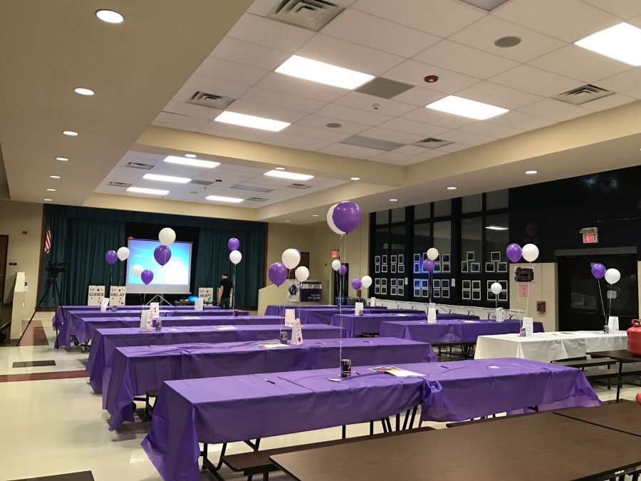 Awaiting the arrival of those who would attend Relay For Life kick off event, captains of the GRHS Team set up and decorated the high school cafeteria 