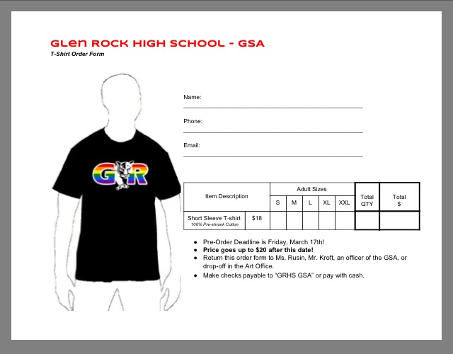 The order form to purchase a shirt from the GSA. Last year, the GSA sold over 100 shirts through their sales.