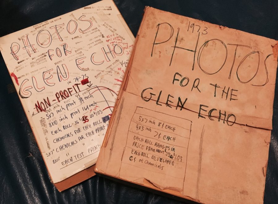 Ken Kerbs stores his photos in boxes with the prices for prints labeled on top. Before he became Photo Editor, he would get reimbursed by The Glen Echo for the prints he made.