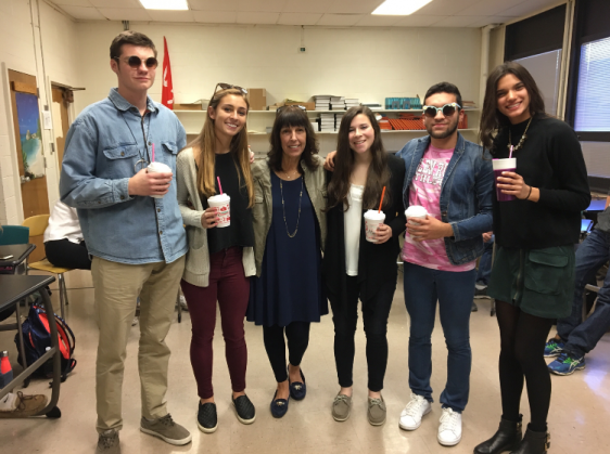 Josh Frissora, Victoria Rasmussen, Victoria Small, David Martinez, and Nikita Eglis all dressed up as Comarato for Glen Rocks Student Teacher Day