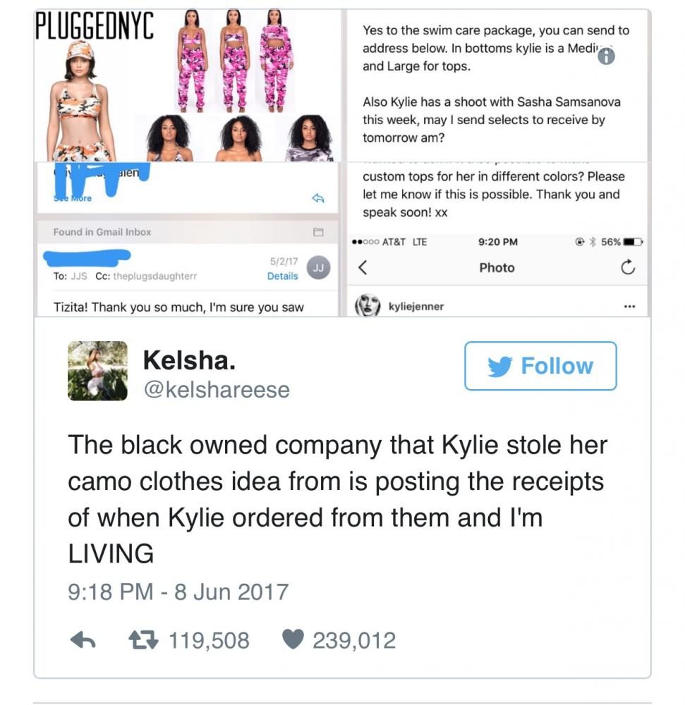  Twitter user @kelshareese hopped on the trending topic regarding Jenner stealing designs from the popular company, PluggedNYC.

