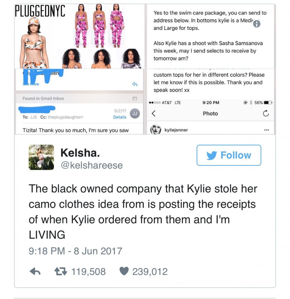 Twitter user @kelshareese hopped on the trending topic regarding Jenner stealing designs from the popular company, PluggedNYC.