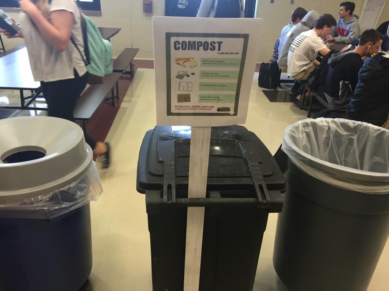 In the first week of May, the compost bin was finally put in the cafeteria for students to use during lunch. Environmental students sat near the compost bin to encourage and remind students they now have the option to compost.