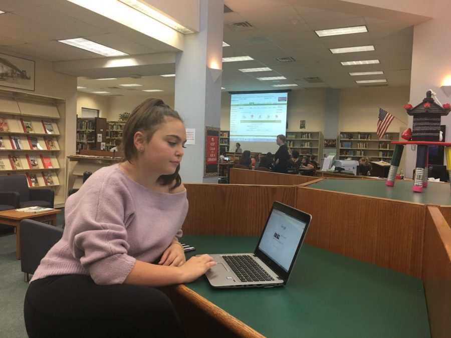 Sophomore Jennifer DeStefano prepares to do her work in the now computer less media center.
