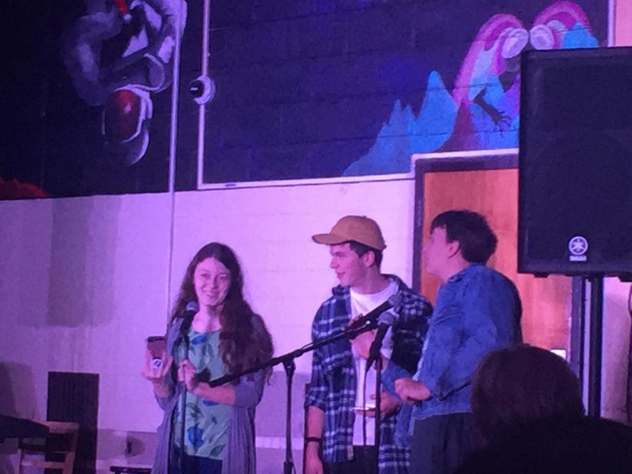 Emcees Madie Jones, Luke Blomstrom, and James ORourke introduce the next act.