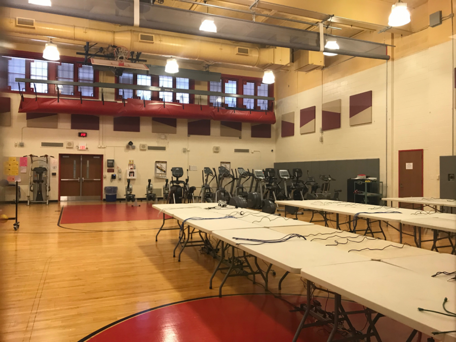 The All Purpose Room being set up for the middle school PARCC testing, high school students will be taking them on their school computers. Don’t forget to charge your computers!