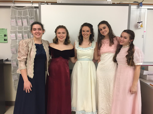 Emily Campbell poses with four of her cast mates. From left to right, juniors Sofia Nolfo and Dylaney Sabino, Emily Campbell, and juniors Caroline Goldenberg and Sofia Karras. 