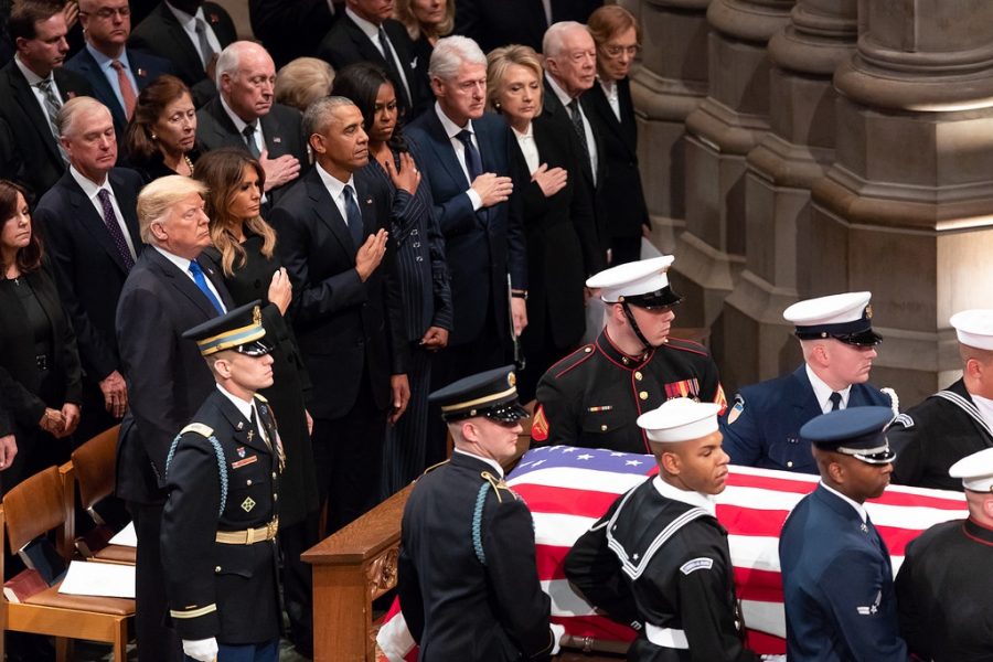 Former presidents Obama, Clinton, and Carter stand alongside President Trump at a funeral service for former president George H.W. Bush. Bush’s family announced on Nov. 30 that he had passed away. He was buried next to his wife and daughter at Texas A&M University.
