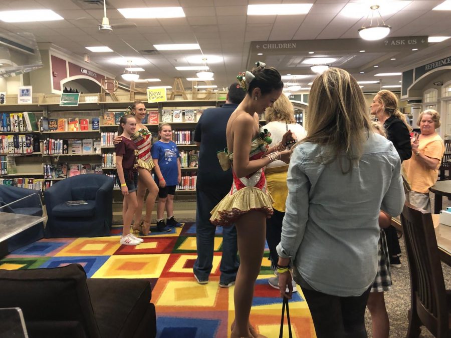 Radio City Rockettes, Megan Levinson and Christine Sienicki, interact with Glen Rock residents at the public library on Sept. 24.
