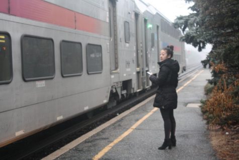 A woman waits on the Glen Rock-Main Line station’s platform, waiting to board the 8:33 a.m. Hoboken and New York bound 1706 train.
