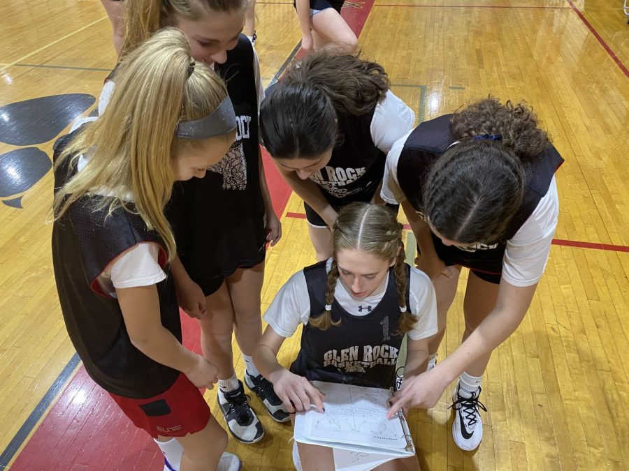 Abby teaching the incoming freshman the offensive and defensive plays the team often runs in a game.