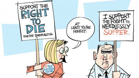 This political cartoon represents both sides of the death with dignity argument.
