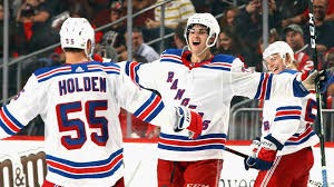 Brandon Crawley celebrates his first goal with the Rangers at the Prudential Center on Sept. 23, 2017. 