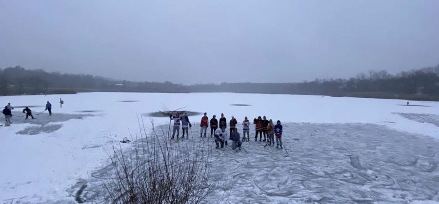 Multiple members of the hockey team laced up the skates for pick up pond hockey at Celery Farms lake in Allendale, New Jersey.