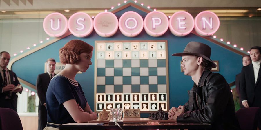 The Queens Gambit delivers pleasing cinematography throughout the series, as depicted in this still moments before protagonist Beth Harmon and competitor Benny Watts play chess at the US Open. 